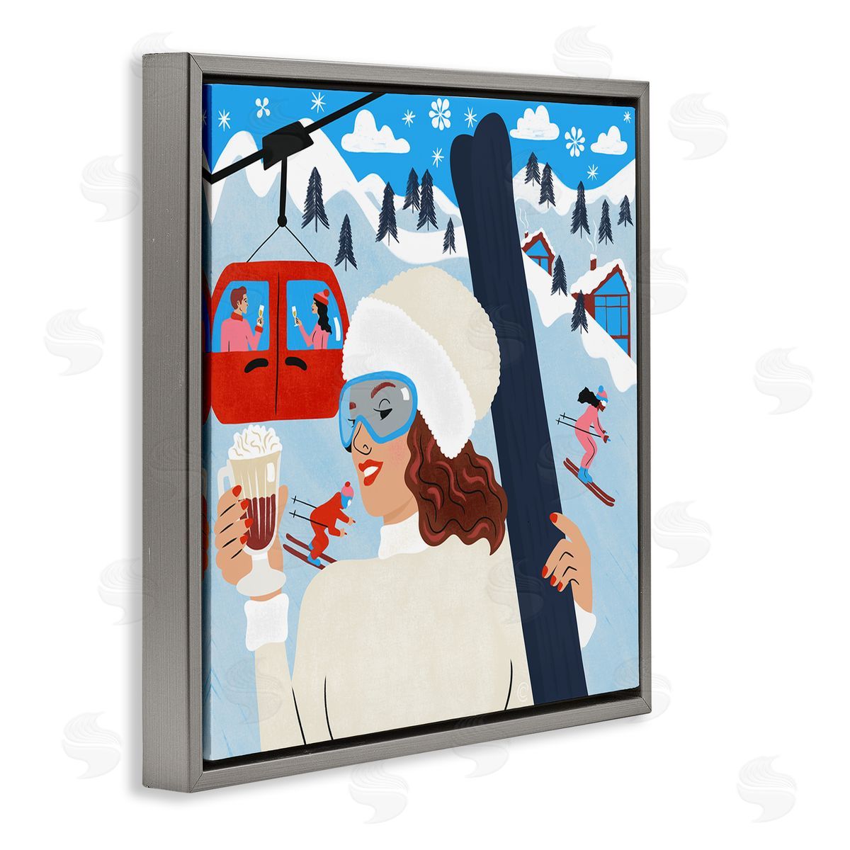 Sipping Cocoa on Ski Lift Grey Floating Frame Canvas Wall Art, Home Decor by Carrie Cantwell