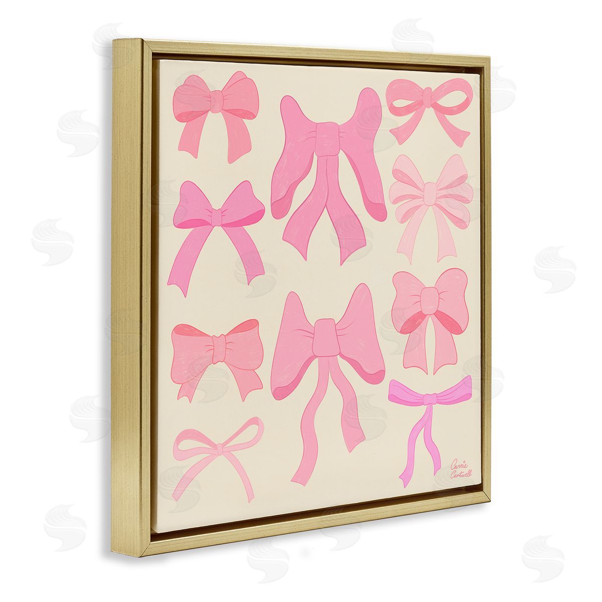 Trendy Pink Bows Assortment Gold Floating Frame Canvas Wall Art, Home Decor by Carrie Cantwell