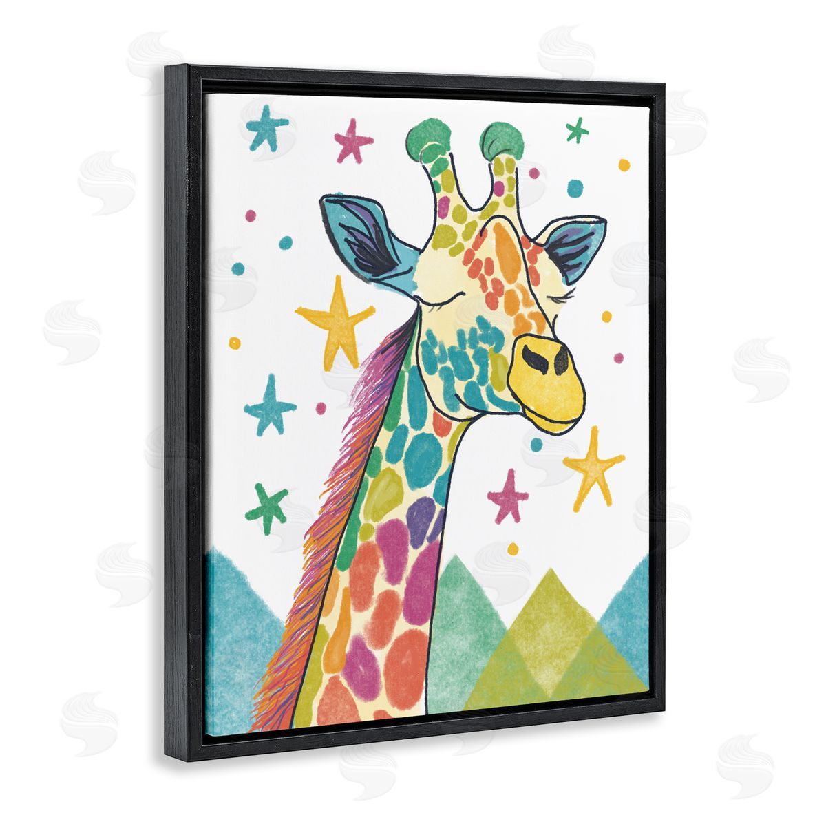 Whimsical Hued Giraffe & Stars Black Floating Frame Canvas Wall Art, Home Decor by Chen Alyesh