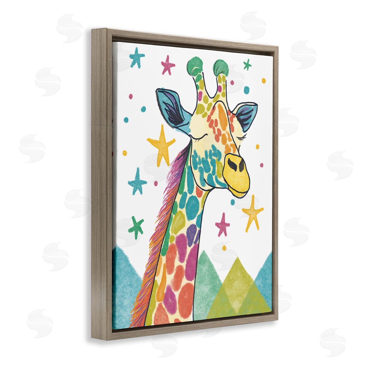 Whimsical Hued Giraffe & Stars Brown Floating Frame Canvas Wall Art, Home Decor by Chen Alyesh