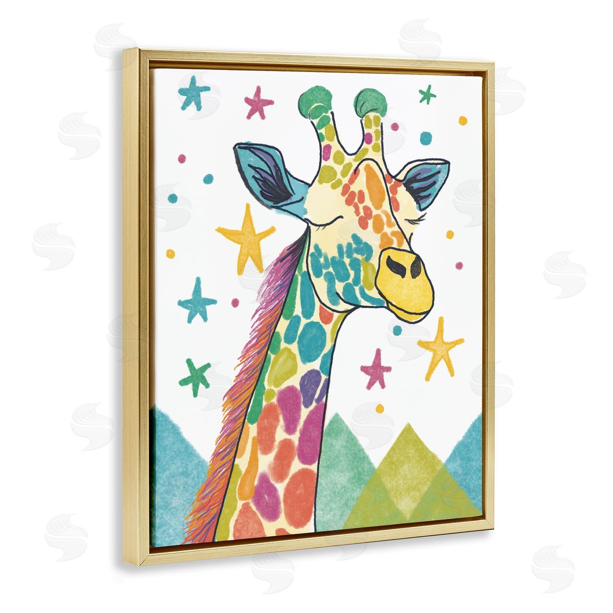 Whimsical Hued Giraffe & Stars Gold Floating Frame Canvas Wall Art, Home Decor by Chen Alyesh
