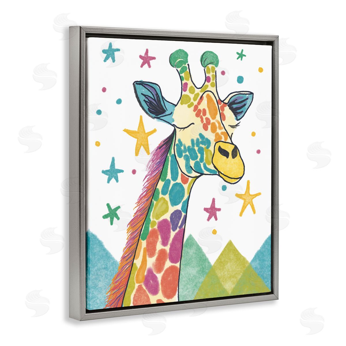 Whimsical Hued Giraffe & Stars Grey Floating Frame Canvas Wall Art, Home Decor by Chen Alyesh
