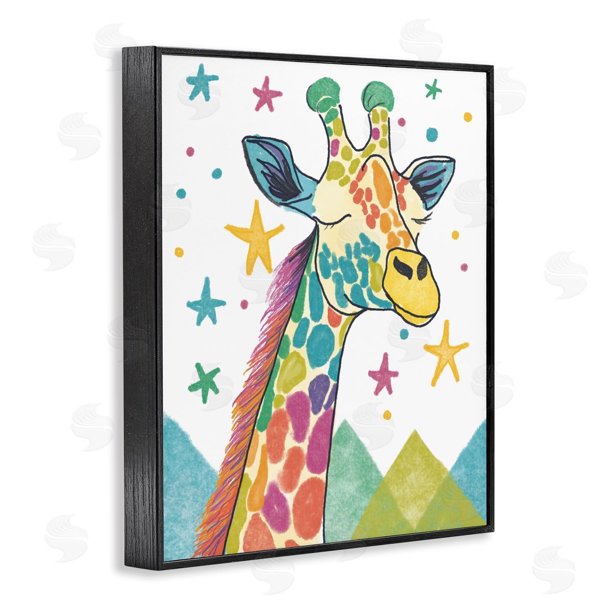 Whimsical Hued Giraffe & Stars Black Frame Print Wall Art, Home Decor by Chen Alyesh