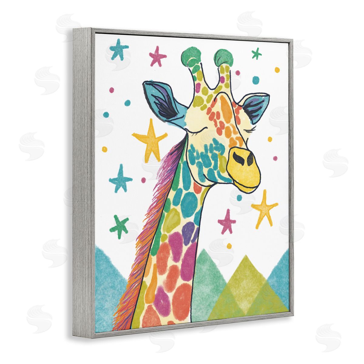 Whimsical Hued Giraffe & Stars Grey Frame Print Wall Art, Home Decor by Chen Alyesh