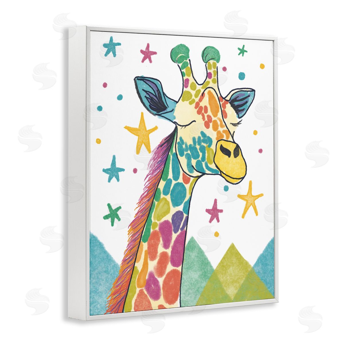 Whimsical Hued Giraffe & Stars White Frame Print Wall Art, Home Decor by Chen Alyesh