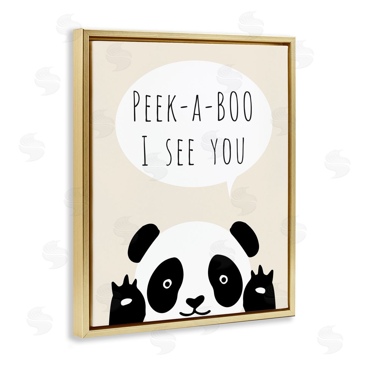 Peek-a-Boo Panda Bear Gold Floating Frame Canvas Wall Art, Home Decor by Chen Alyesh