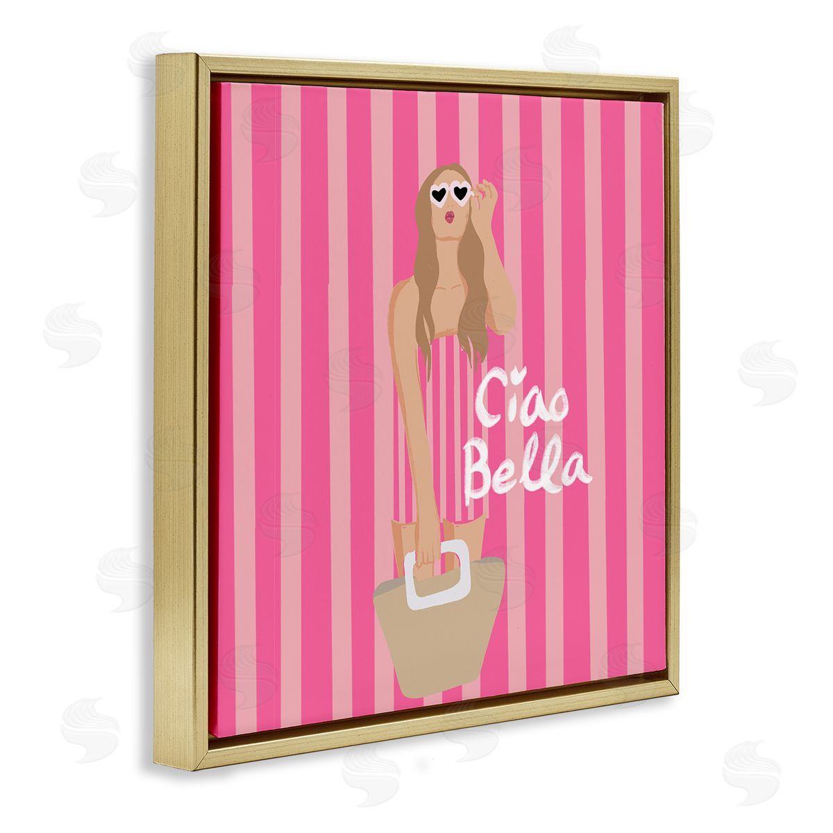 Pink Striped Glam Girl Gold Floating Frame Canvas Wall Art, Home Decor by Chen Alyesh