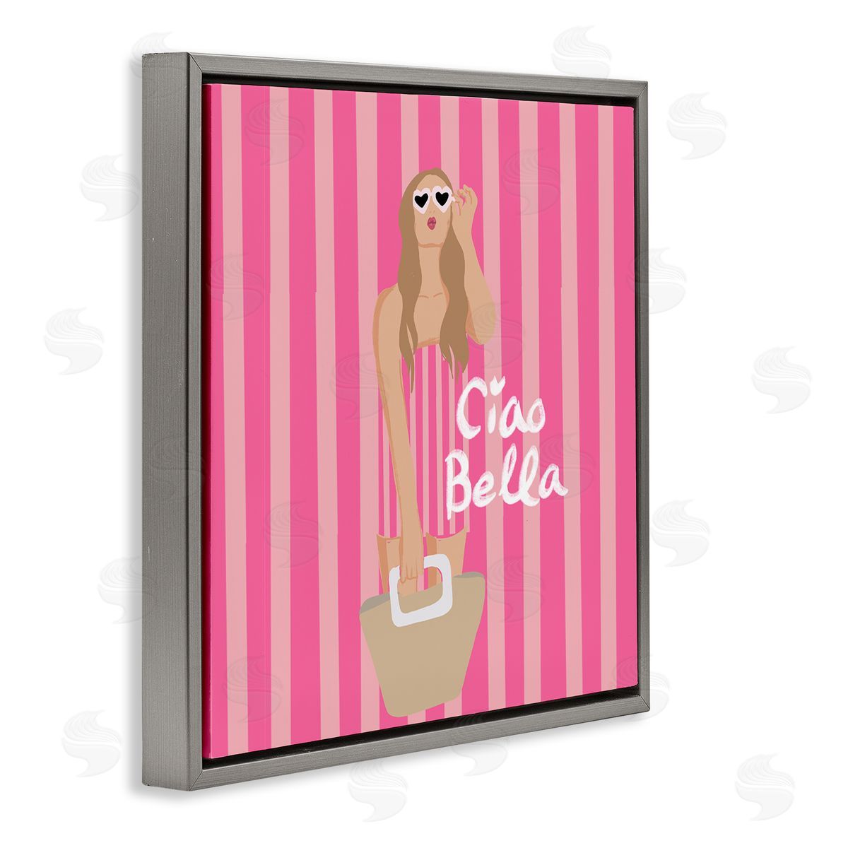 Pink Striped Glam Girl Grey Floating Frame Canvas Wall Art, Home Decor by Chen Alyesh