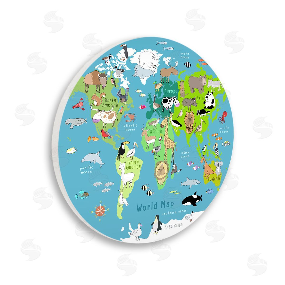 Carla Daly Educational World Map with Animals Wall Plaque Art Print