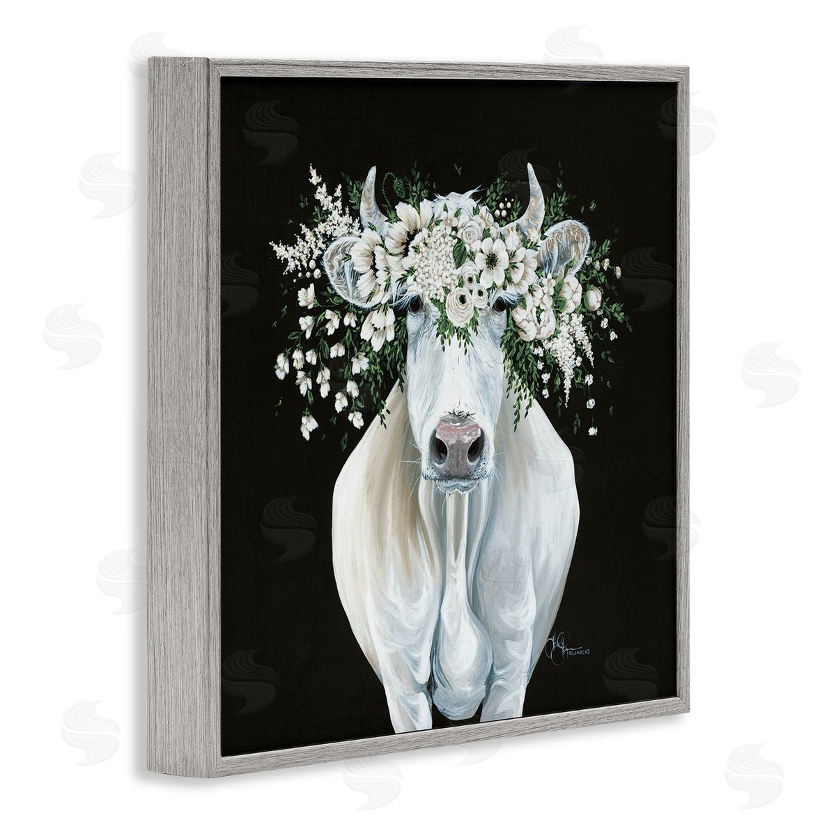 Hollihocks Art | White Cow with Flower Garland
