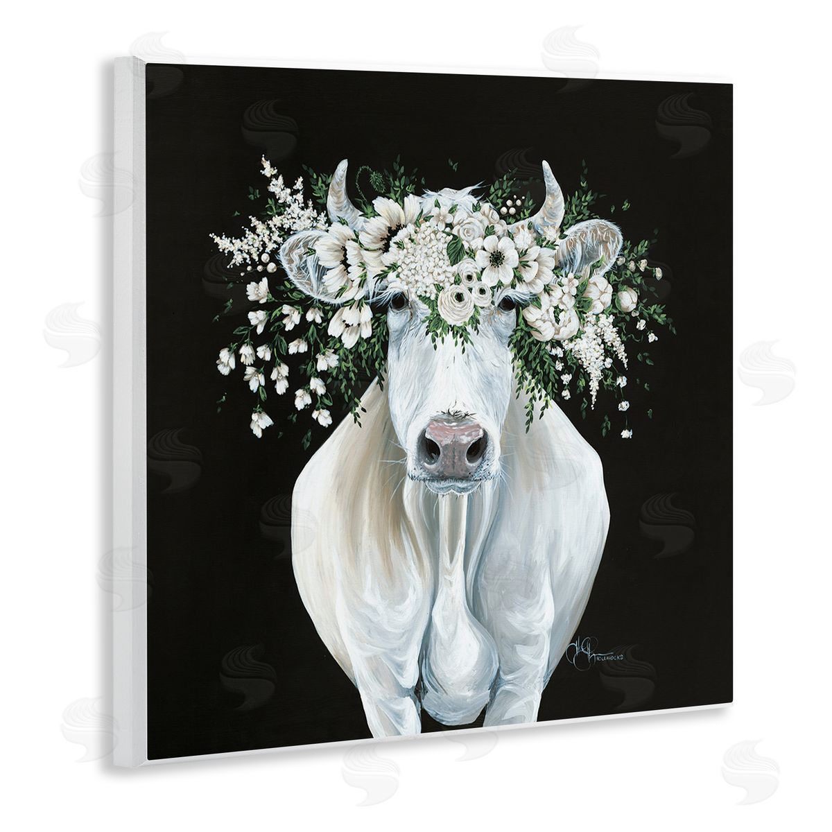 Hollihocks Art | White Cow with Flower Garland