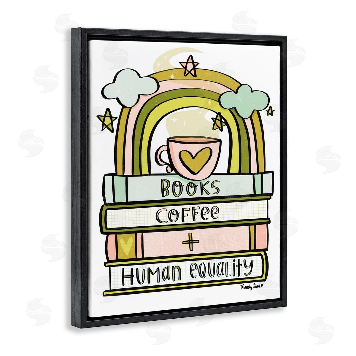 Books Coffee & Human Equality Black Floating Frame Canvas Wall Art, Home Decor by Mandy Ford Art + Illustration