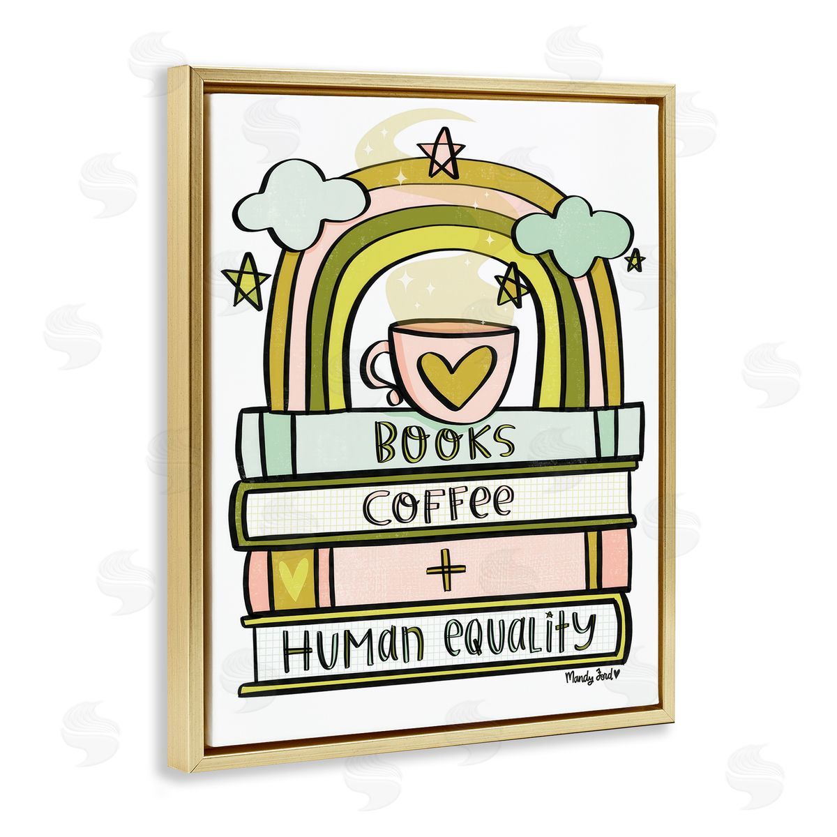 Books Coffee & Human Equality Gold Floating Frame Canvas Wall Art, Home Decor by Mandy Ford Art + Illustration
