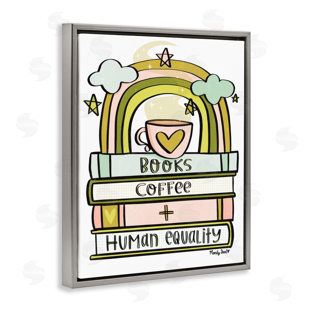 Books Coffee & Human Equality Grey Floating Frame Canvas Wall Art, Home Decor by Mandy Ford Art + Illustration