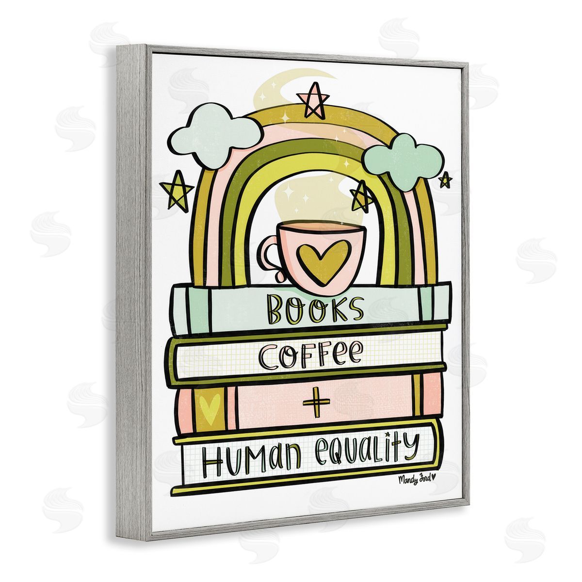 Books Coffee & Human Equality Grey Frame Print Wall Art, Home Decor by Mandy Ford Art + Illustration