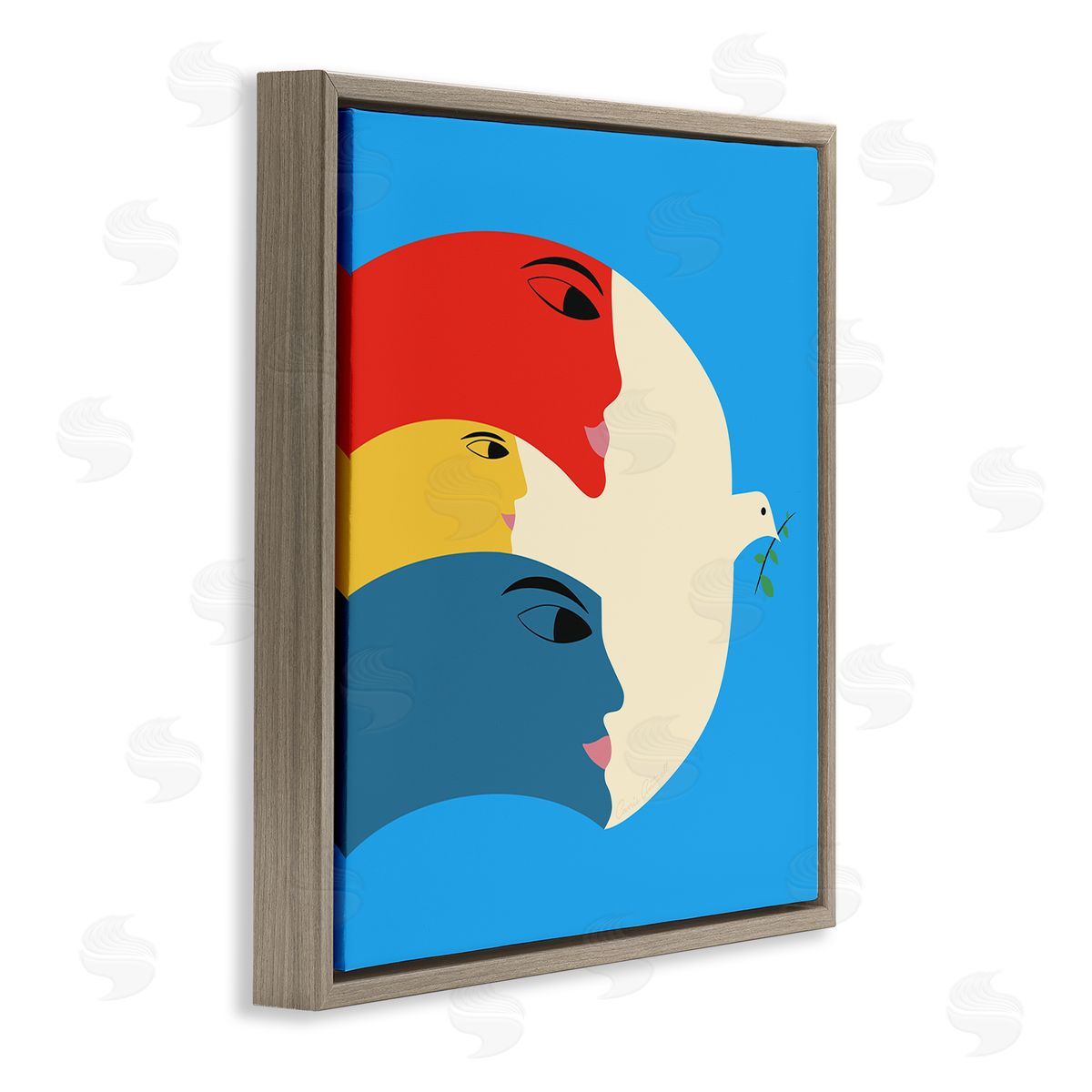 Peaceful Dove with Faces Brown Floating Frame Canvas Wall Art, Home Decor by Carrie Cantwell