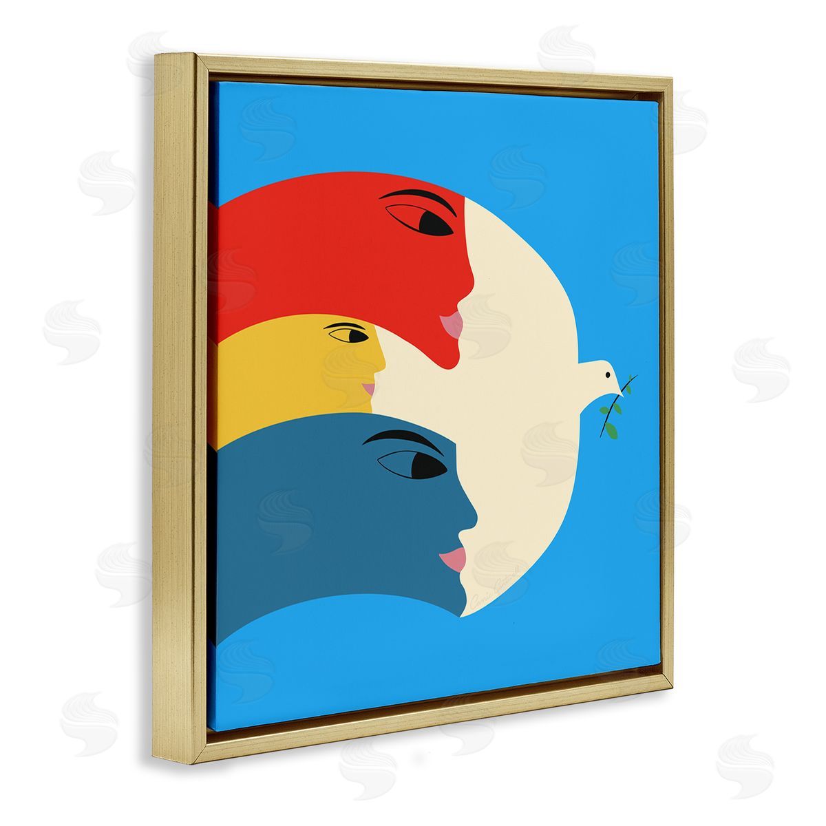 Peaceful Dove with Faces Gold Floating Frame Canvas Wall Art, Home Decor by Carrie Cantwell