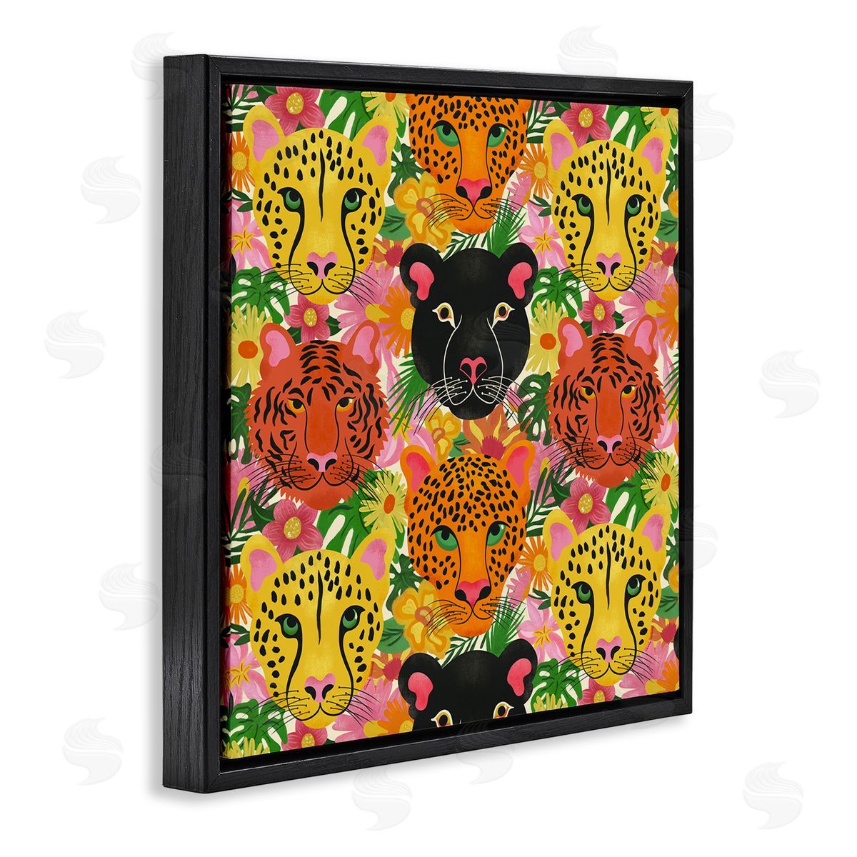 Jungle Cats Wildlife Pattern Black Floating Frame Canvas Wall Art, Home Decor by Carrie Cantwell