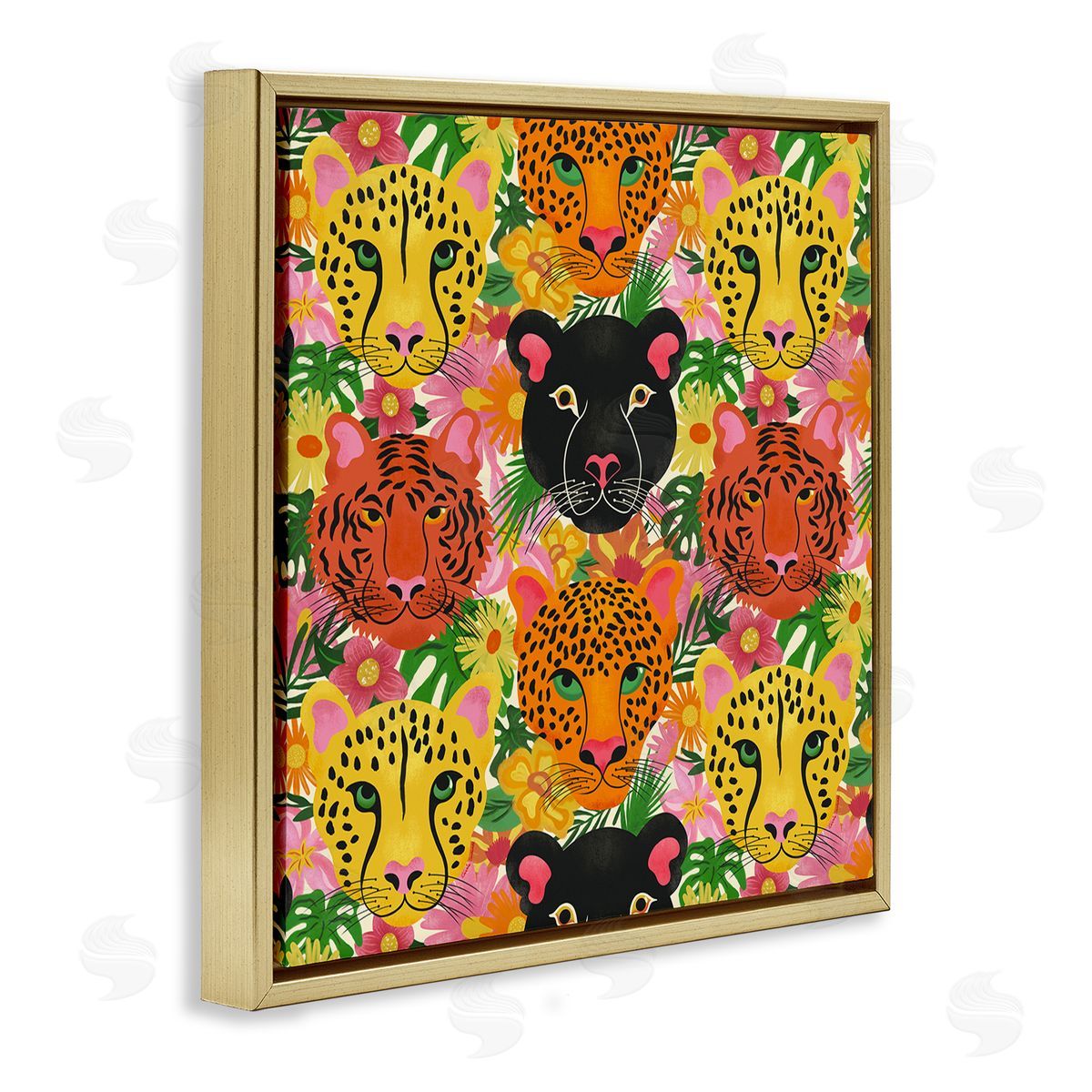 Jungle Cats Wildlife Pattern Gold Floating Frame Canvas Wall Art, Home Decor by Carrie Cantwell