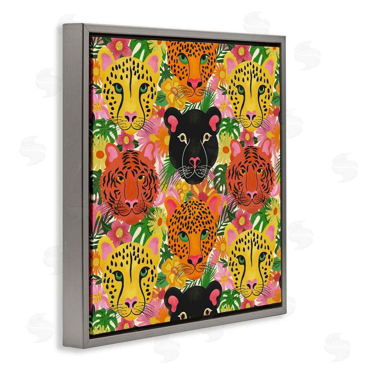 Jungle Cats Wildlife Pattern Grey Floating Frame Canvas Wall Art, Home Decor by Carrie Cantwell