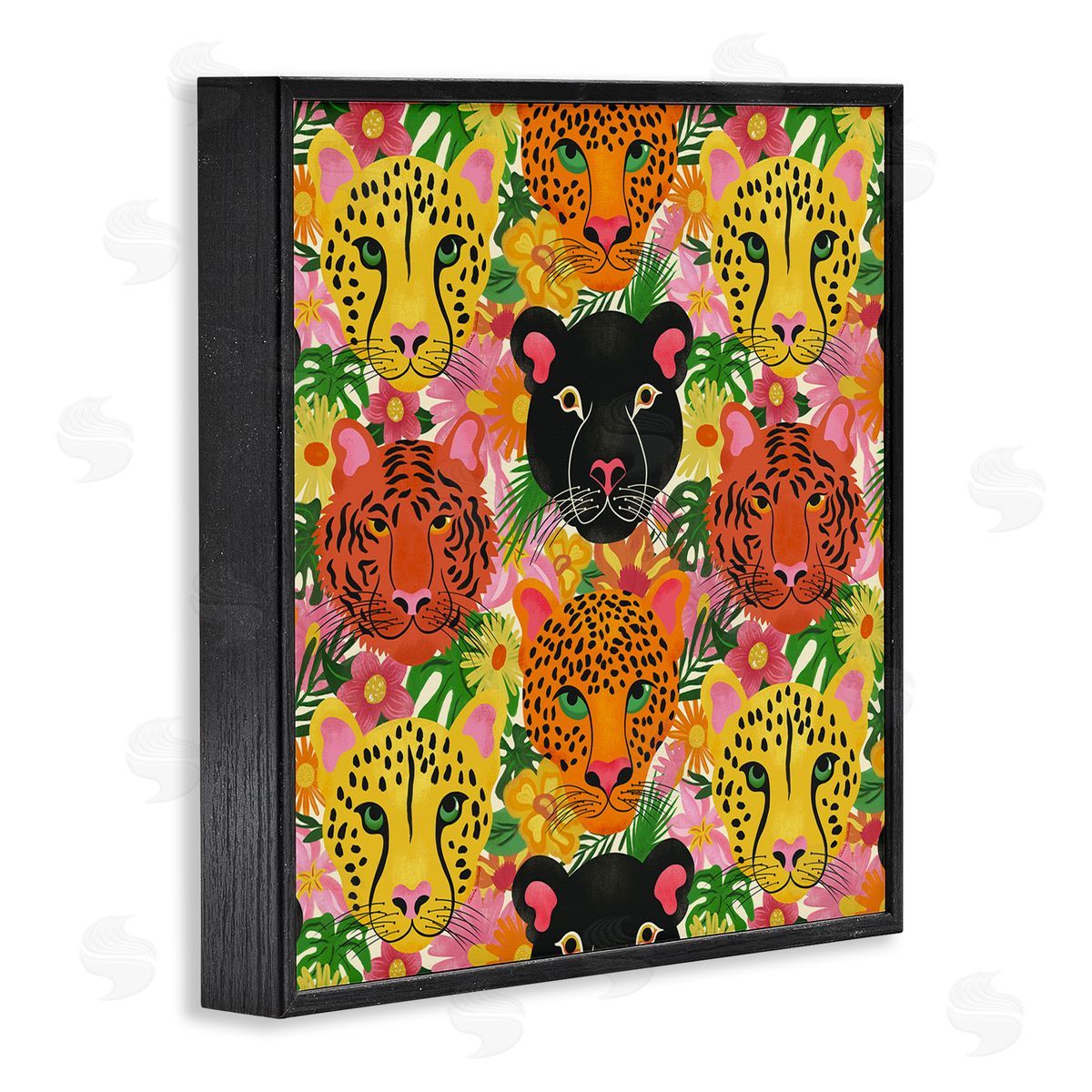 Jungle Cats Wildlife Pattern Black Frame Print Wall Art, Home Decor by Carrie Cantwell