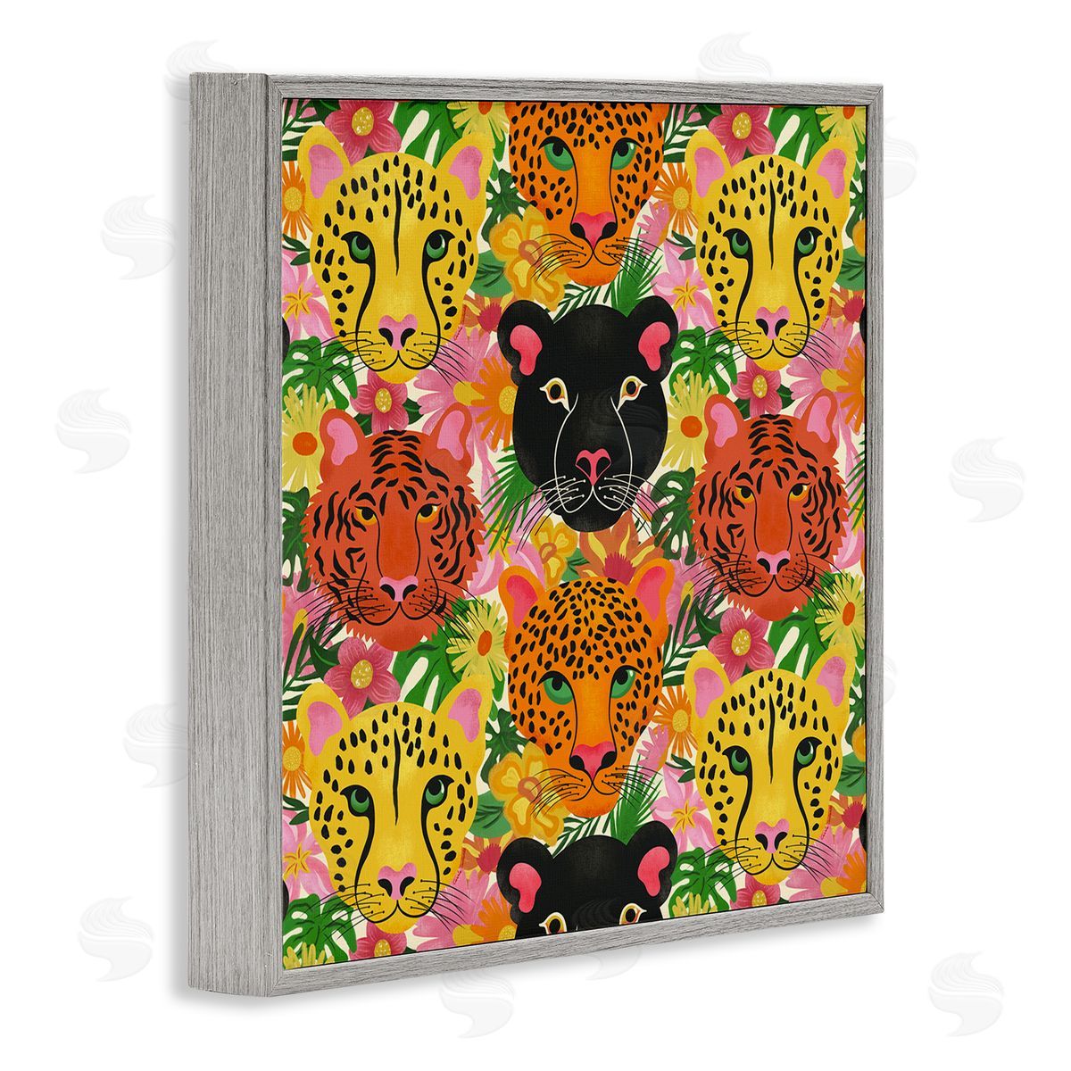 Jungle Cats Wildlife Pattern Grey Frame Print Wall Art, Home Decor by Carrie Cantwell