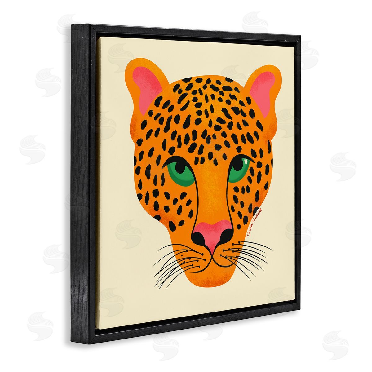 Modern Leopard Wildlife Face Black Floating Frame Canvas Wall Art, Home Decor by Carrie Cantwell