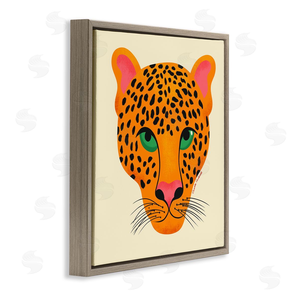 Modern Leopard Wildlife Face Brown Floating Frame Canvas Wall Art, Home Decor by Carrie Cantwell