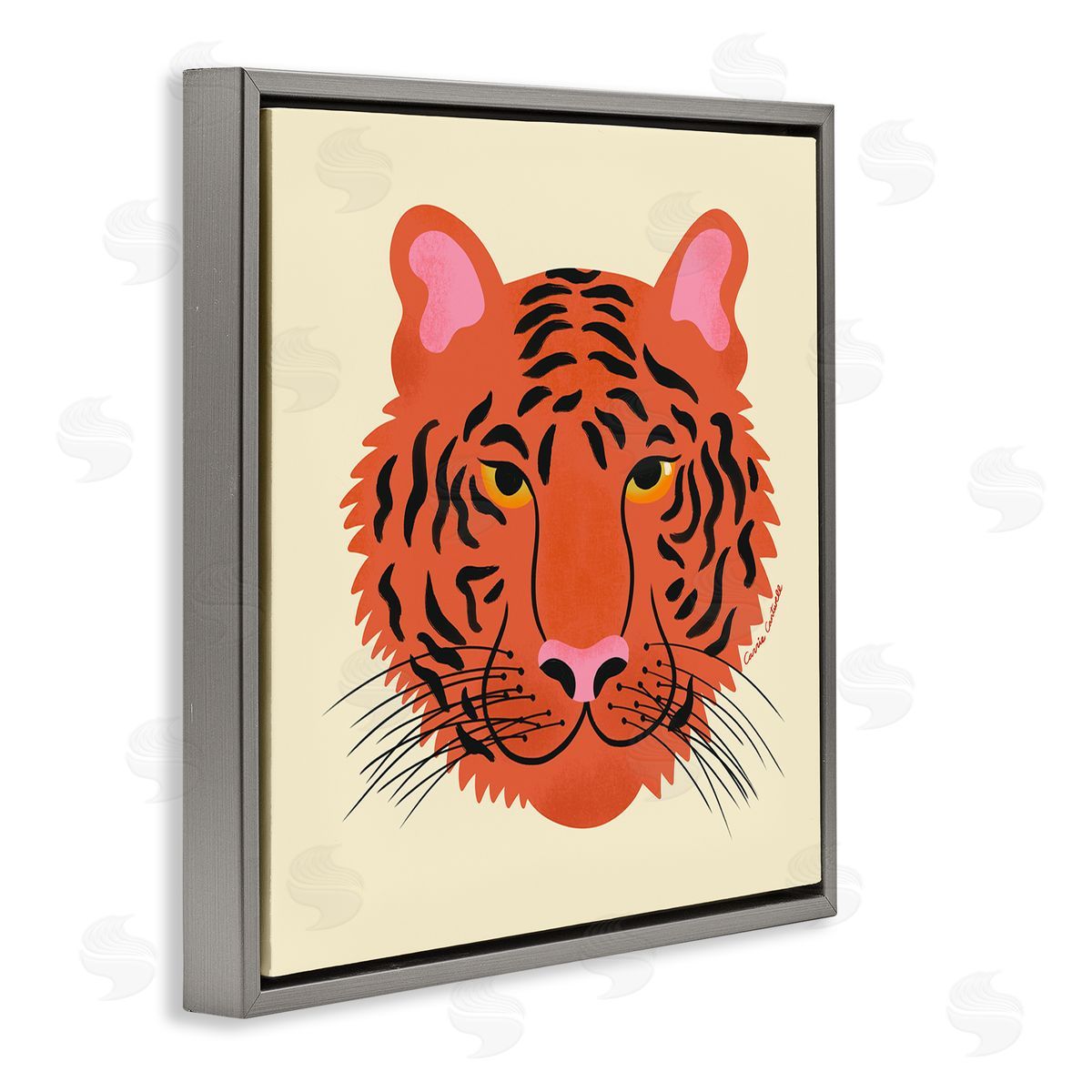 Modern Wild Tiger Face Grey Floating Frame Canvas Wall Art, Home Decor by Carrie Cantwell