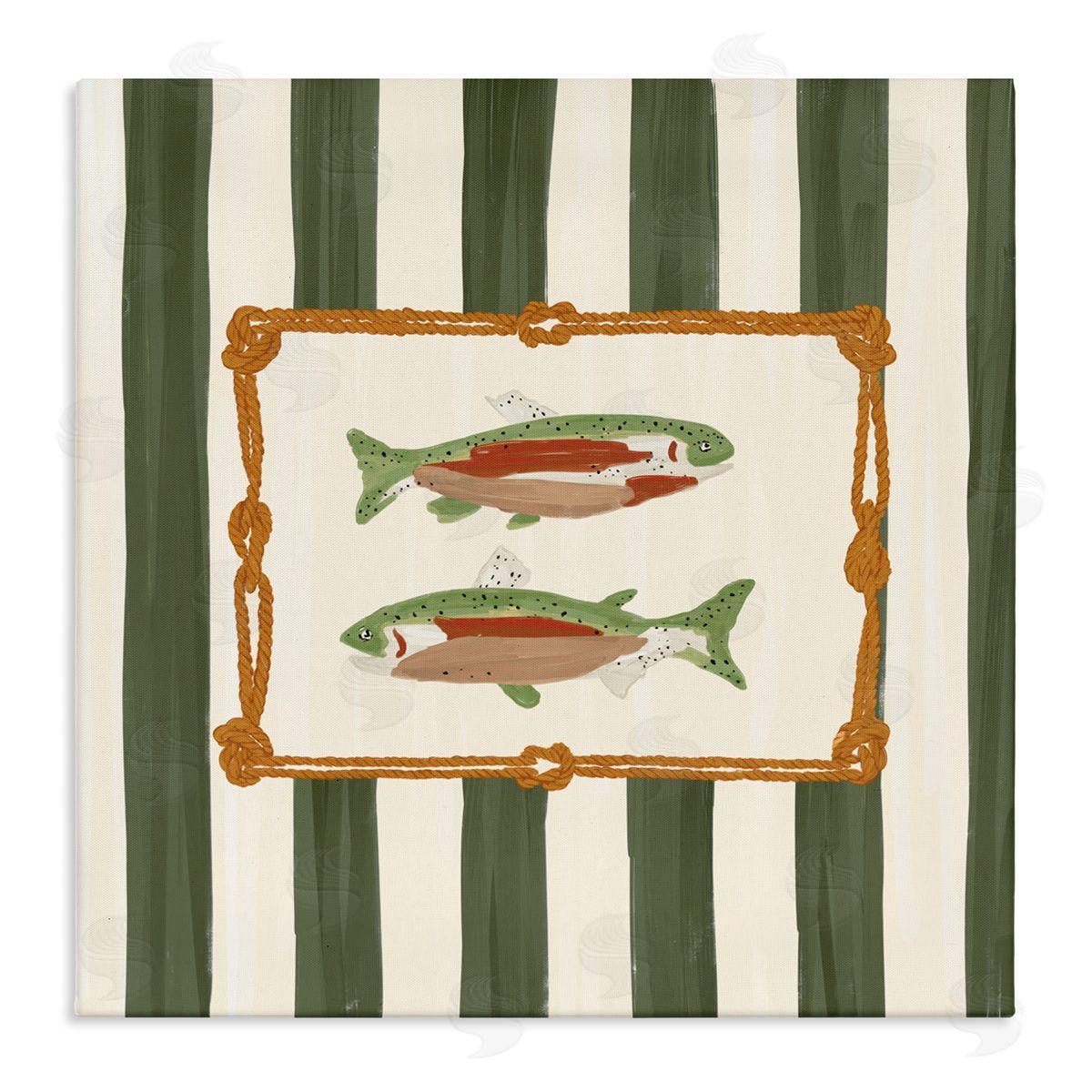 Veronica Lara Gone Fishing Green Stripes Canvas Wall Art Print