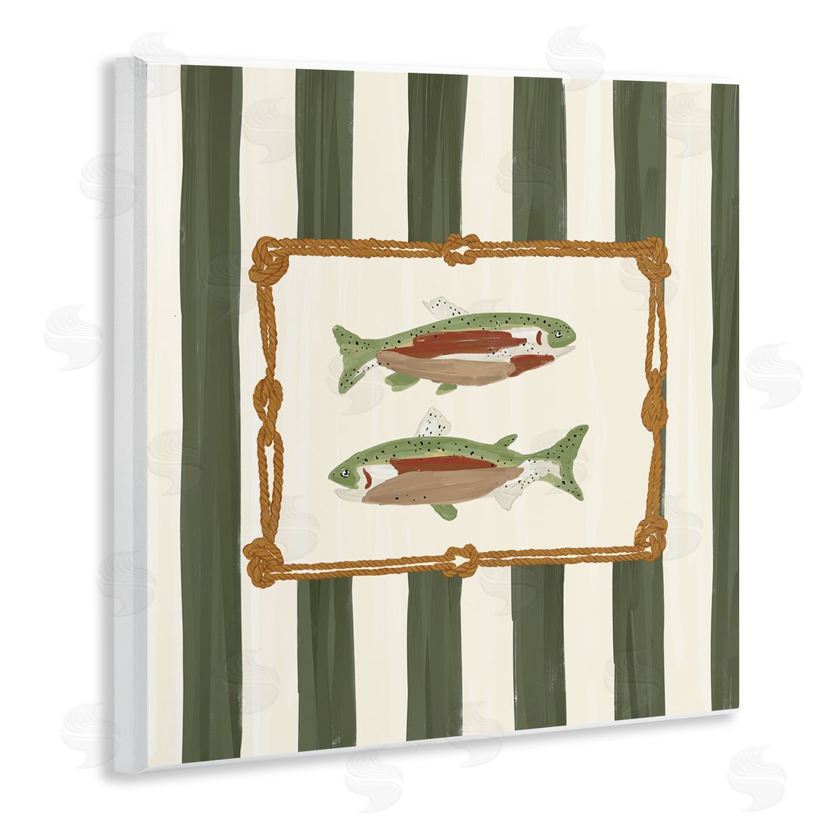 Veronica Lara Gone Fishing Green Stripes Canvas Wall Art Print