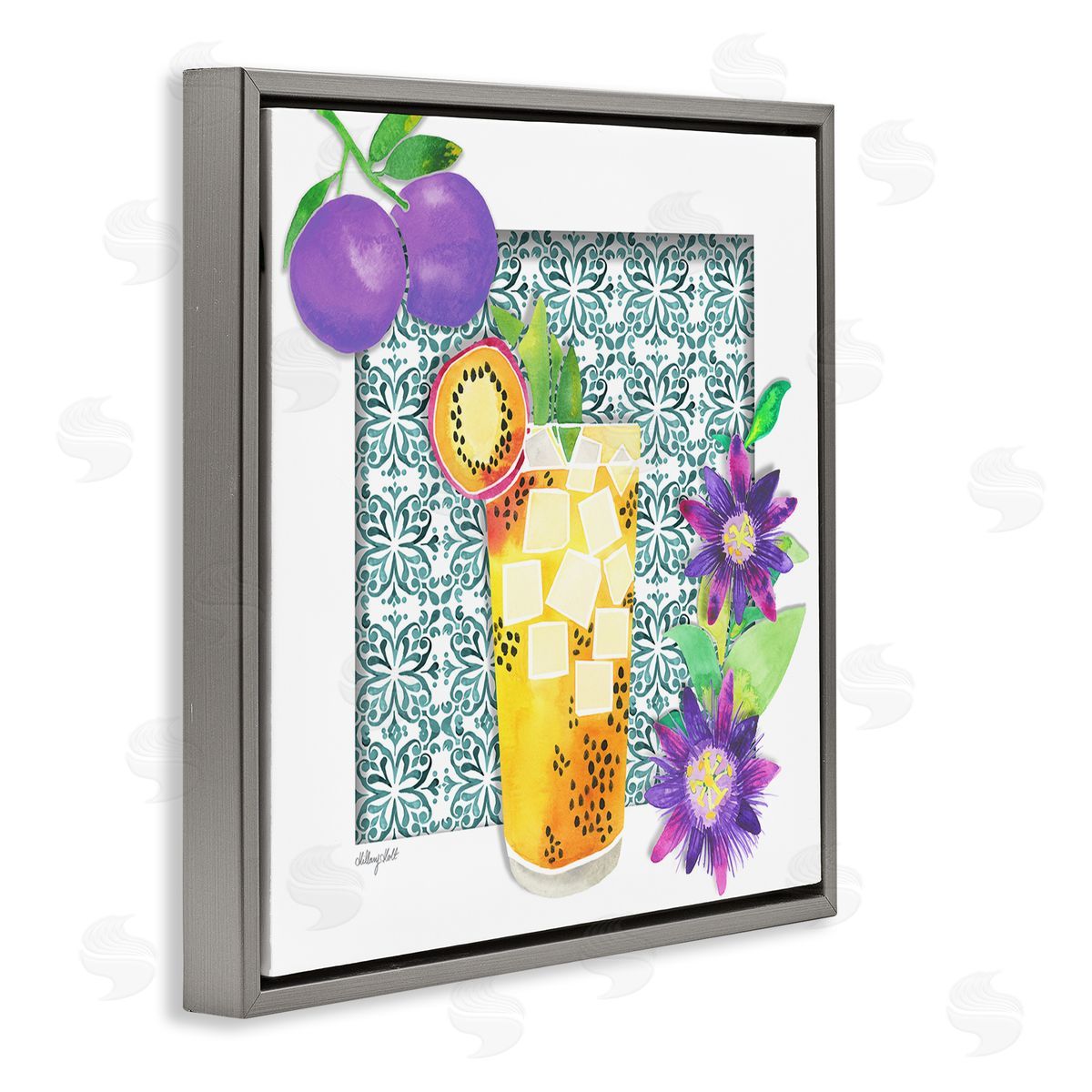 Passion Fruit Cocktail Grey Floating Frame Canvas Wall Art, Home Decor by Hillary Holt