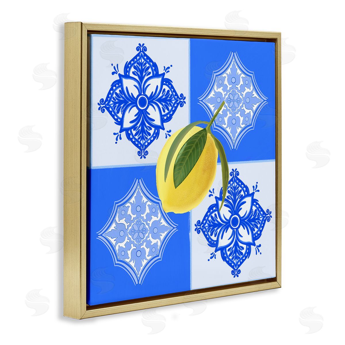 Lemon over Geometric Tiles Gold Floating Frame Canvas Wall Art, Home Decor by Ashley Singleton