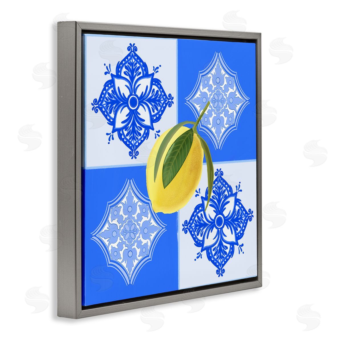 Lemon over Geometric Tiles Grey Floating Frame Canvas Wall Art, Home Decor by Ashley Singleton