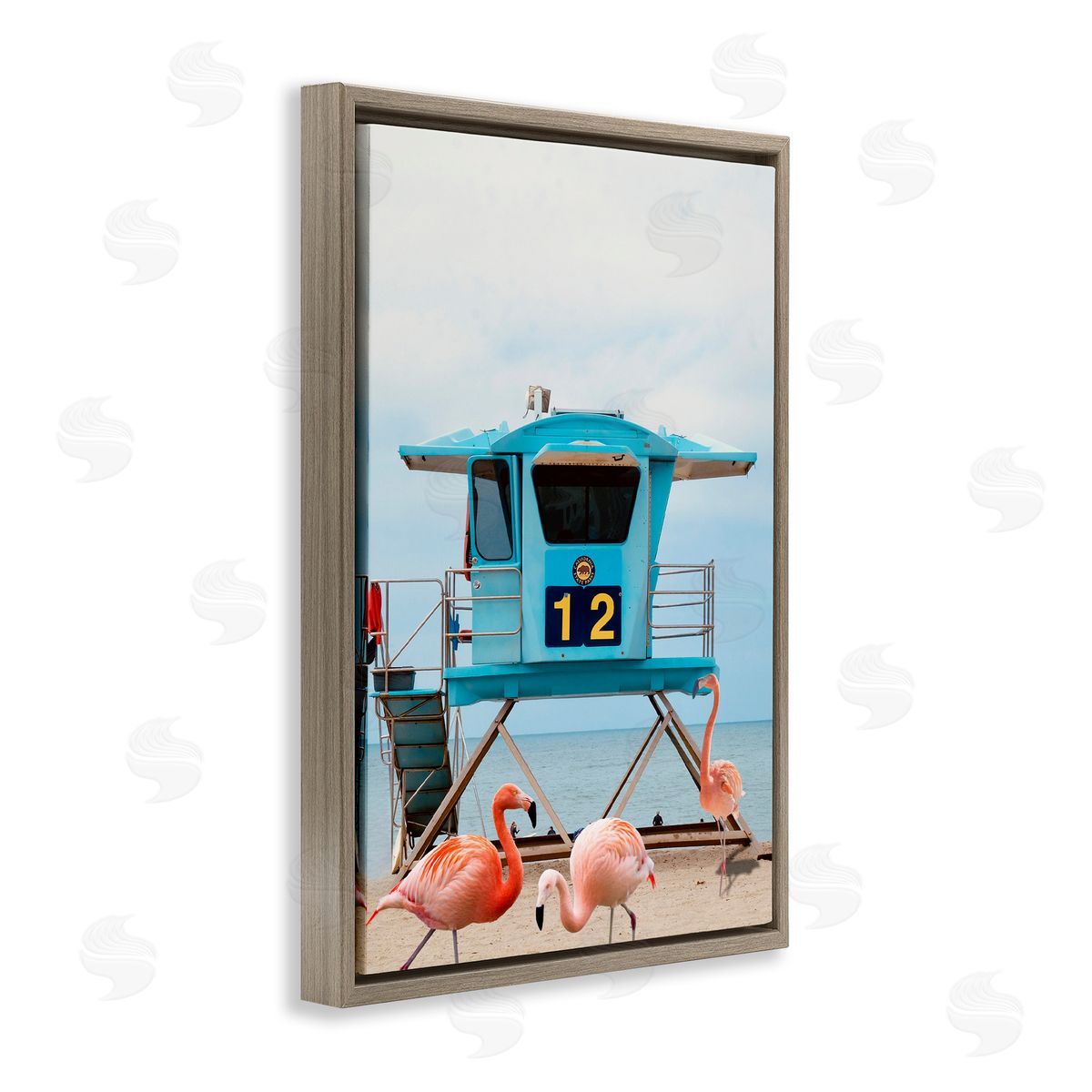 Beach Shore with Flamingoes Brown Floating Frame Canvas Wall Art, Home Decor by Ashley Singleton