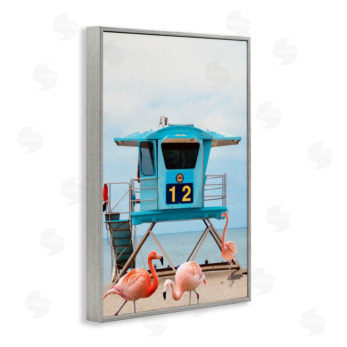 Beach Shore with Flamingoes Grey Frame Print Wall Art, Home Decor by Ashley Singleton