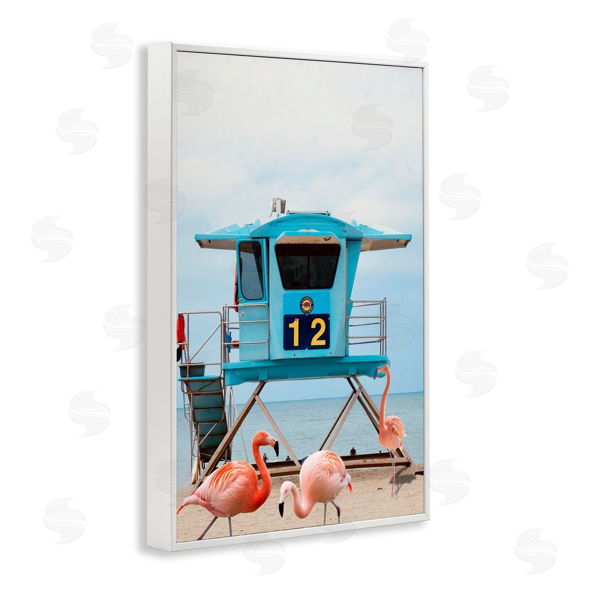 Beach Shore with Flamingoes White Frame Print Wall Art, Home Decor by Ashley Singleton