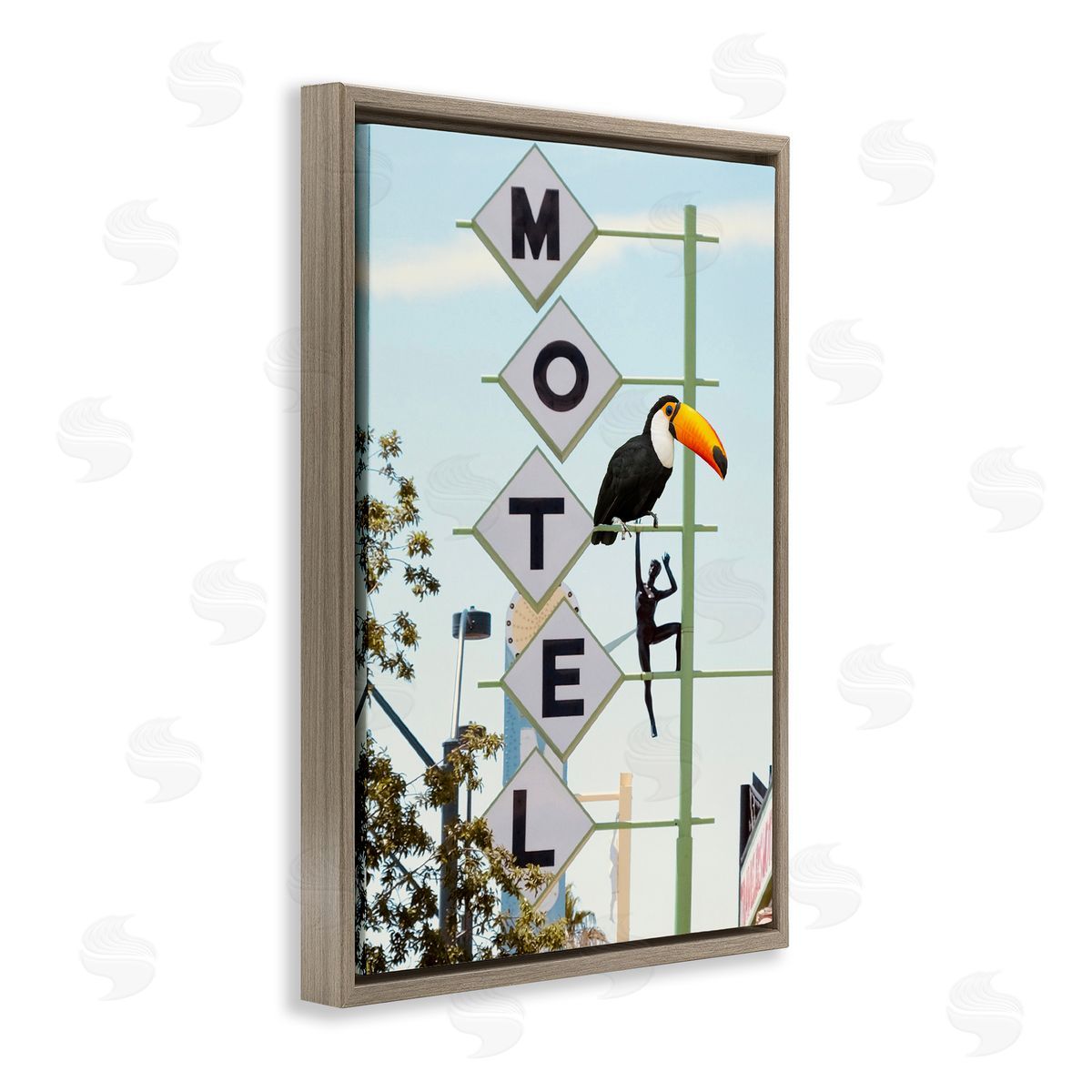 Toucan on Motel Sign Brown Floating Frame Canvas Wall Art, Home Decor by Ashley Singleton