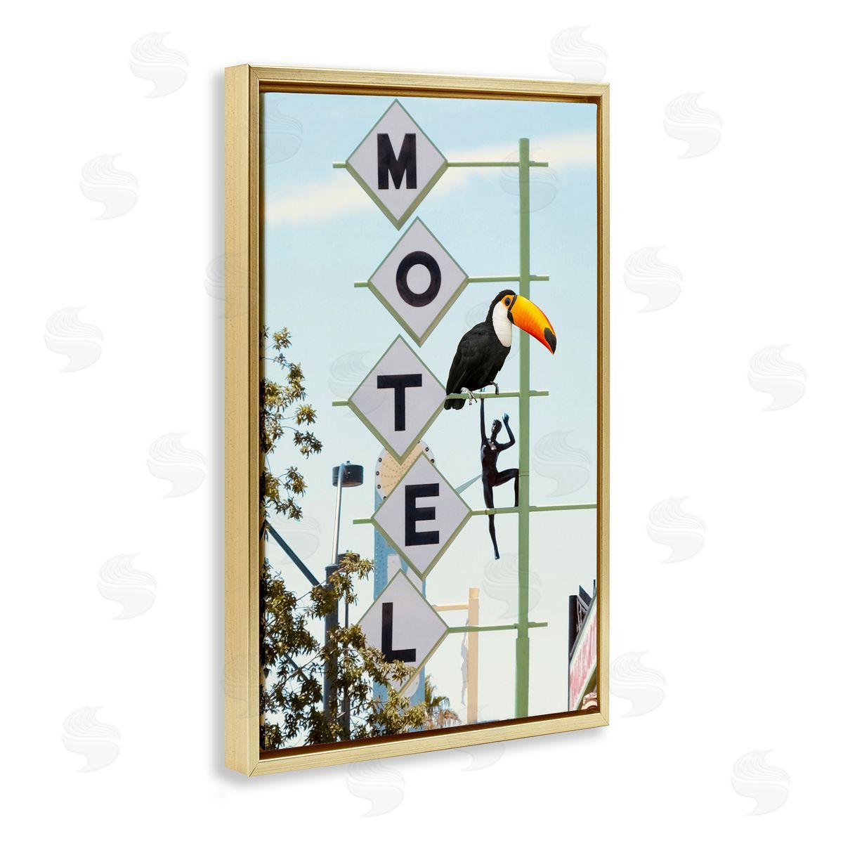 Toucan on Motel Sign Gold Floating Frame Canvas Wall Art, Home Decor by Ashley Singleton