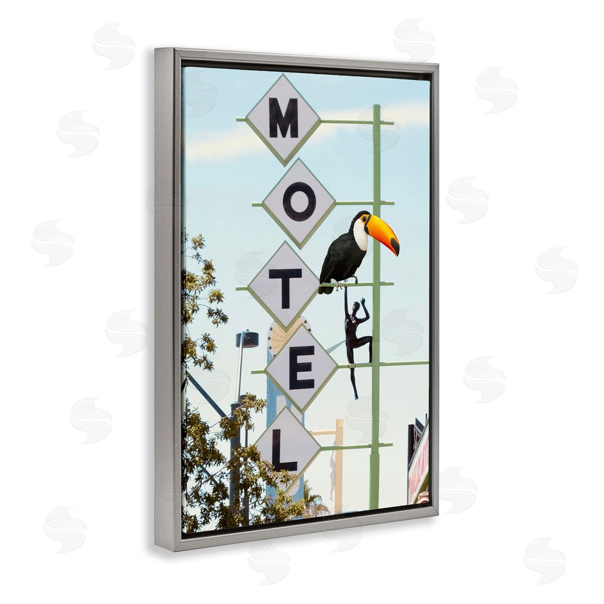 Toucan on Motel Sign Grey Floating Frame Canvas Wall Art, Home Decor by Ashley Singleton