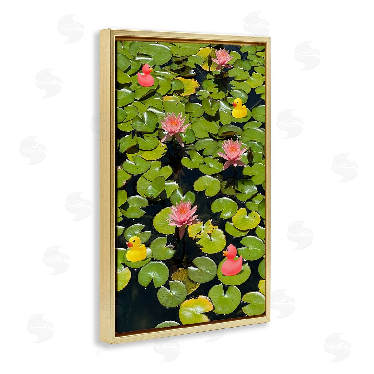 Rubber Ducks on Pond Lilies Gold Floating Frame Canvas Wall Art, Home Decor by Ashley Singleton