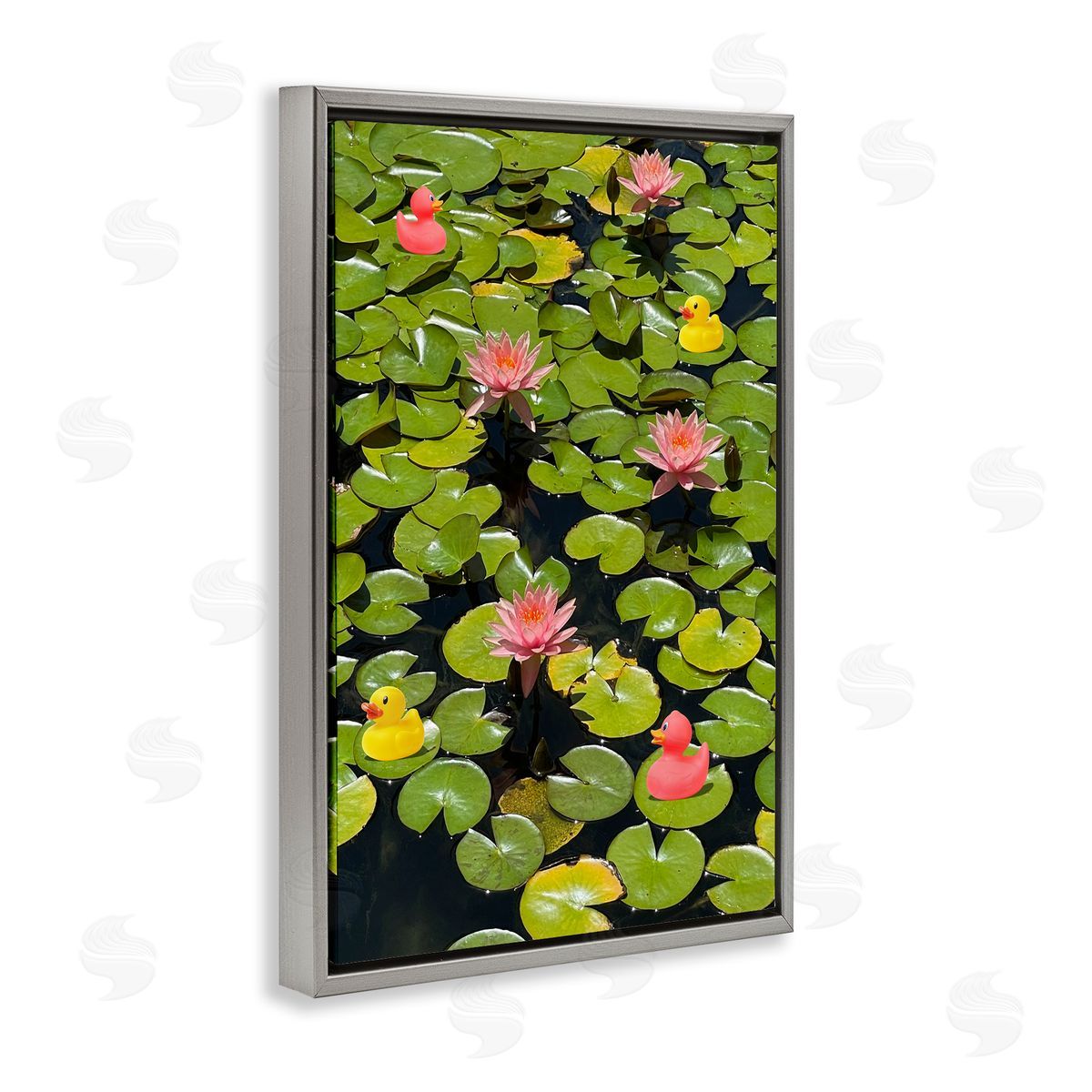 Rubber Ducks on Pond Lilies Grey Floating Frame Canvas Wall Art, Home Decor by Ashley Singleton