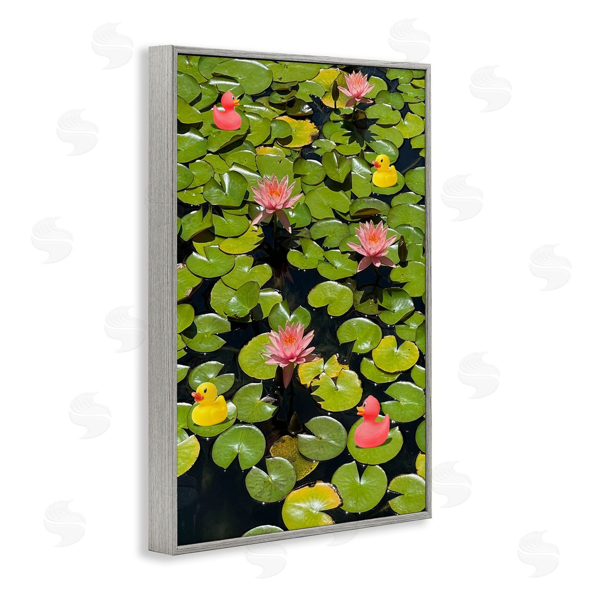 Rubber Ducks on Pond Lilies Grey Frame Print Wall Art, Home Decor by Ashley Singleton