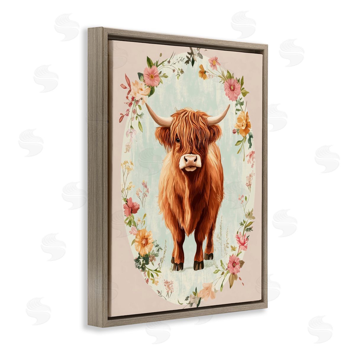 Petal Prints Design Peach Flower Border Cow Canvas Wall Art Print