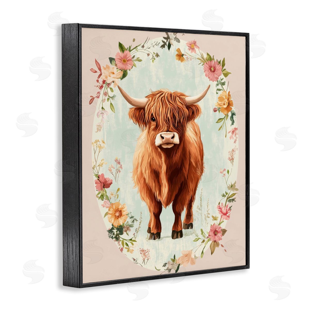 Petal Prints Design Peach Flower Border Cow Canvas Wall Art Print