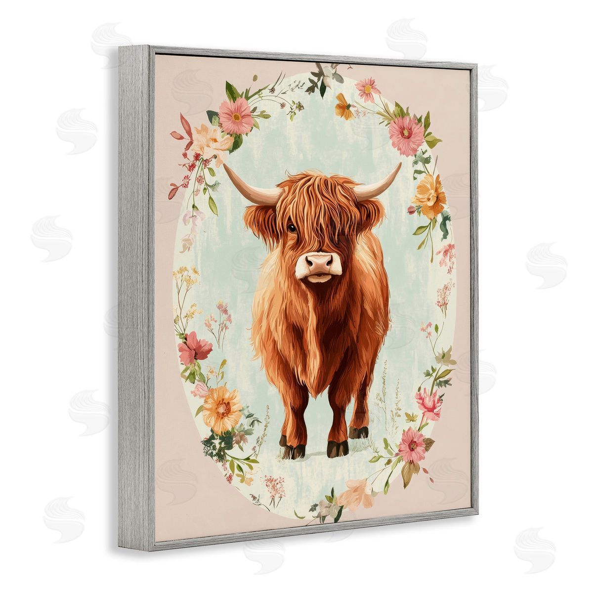 Petal Prints Design Peach Flower Border Cow Canvas Wall Art Print