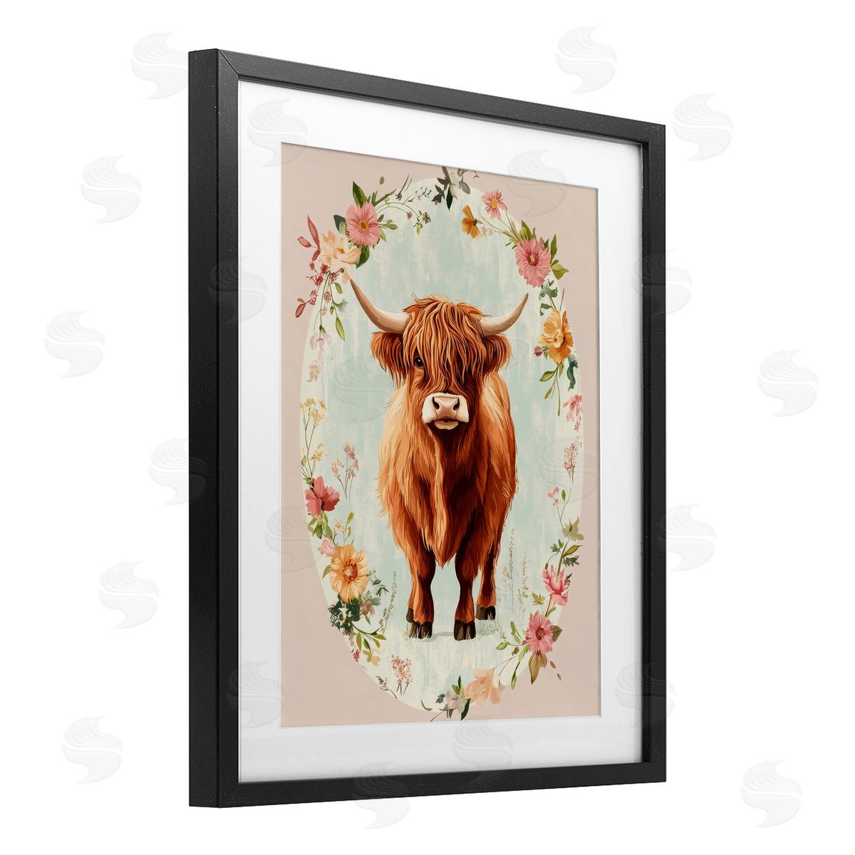 Petal Prints Design Peach Flower Border Cow Canvas Wall Art Print