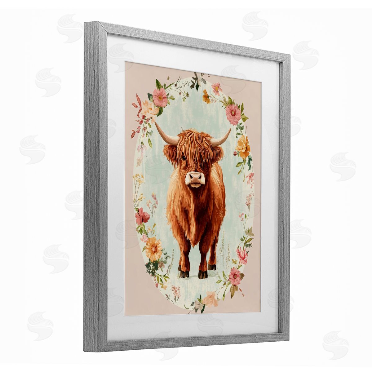 Petal Prints Design Peach Flower Border Cow Canvas Wall Art Print