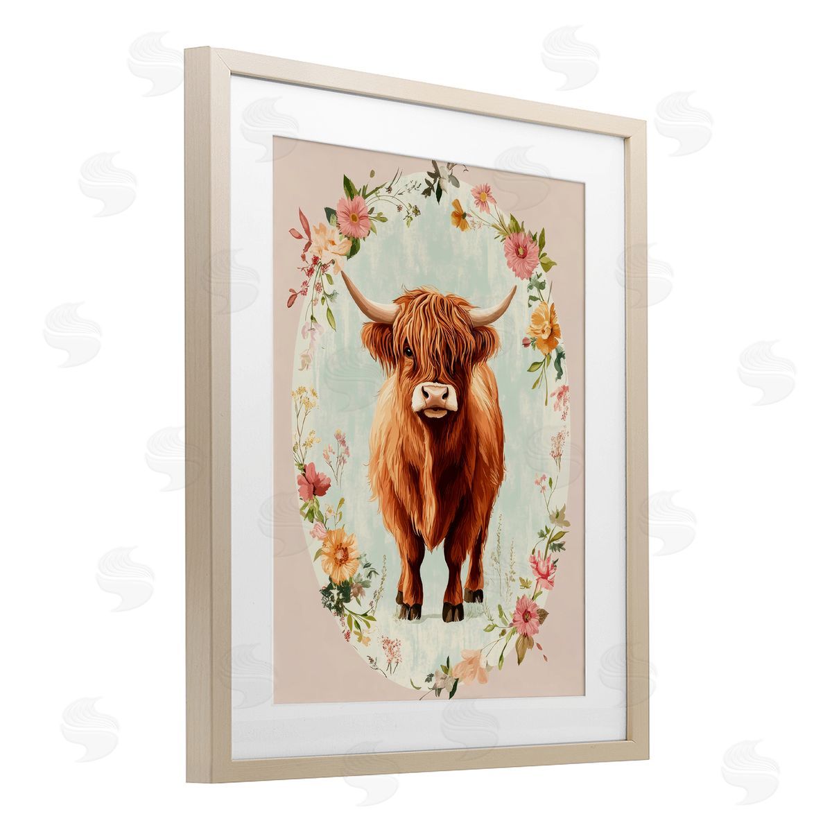 Petal Prints Design Peach Flower Border Cow Canvas Wall Art Print