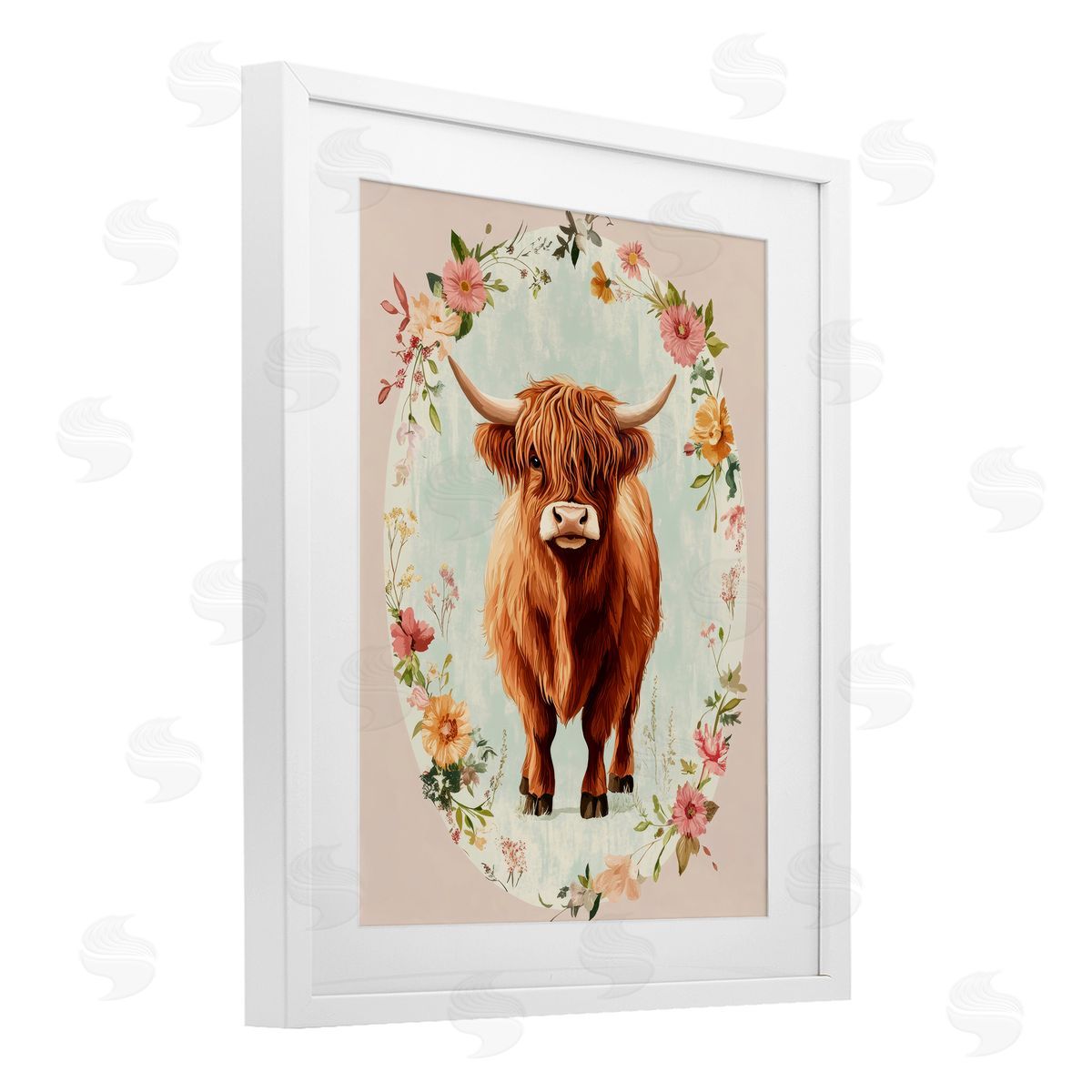 Petal Prints Design Peach Flower Border Cow Canvas Wall Art Print